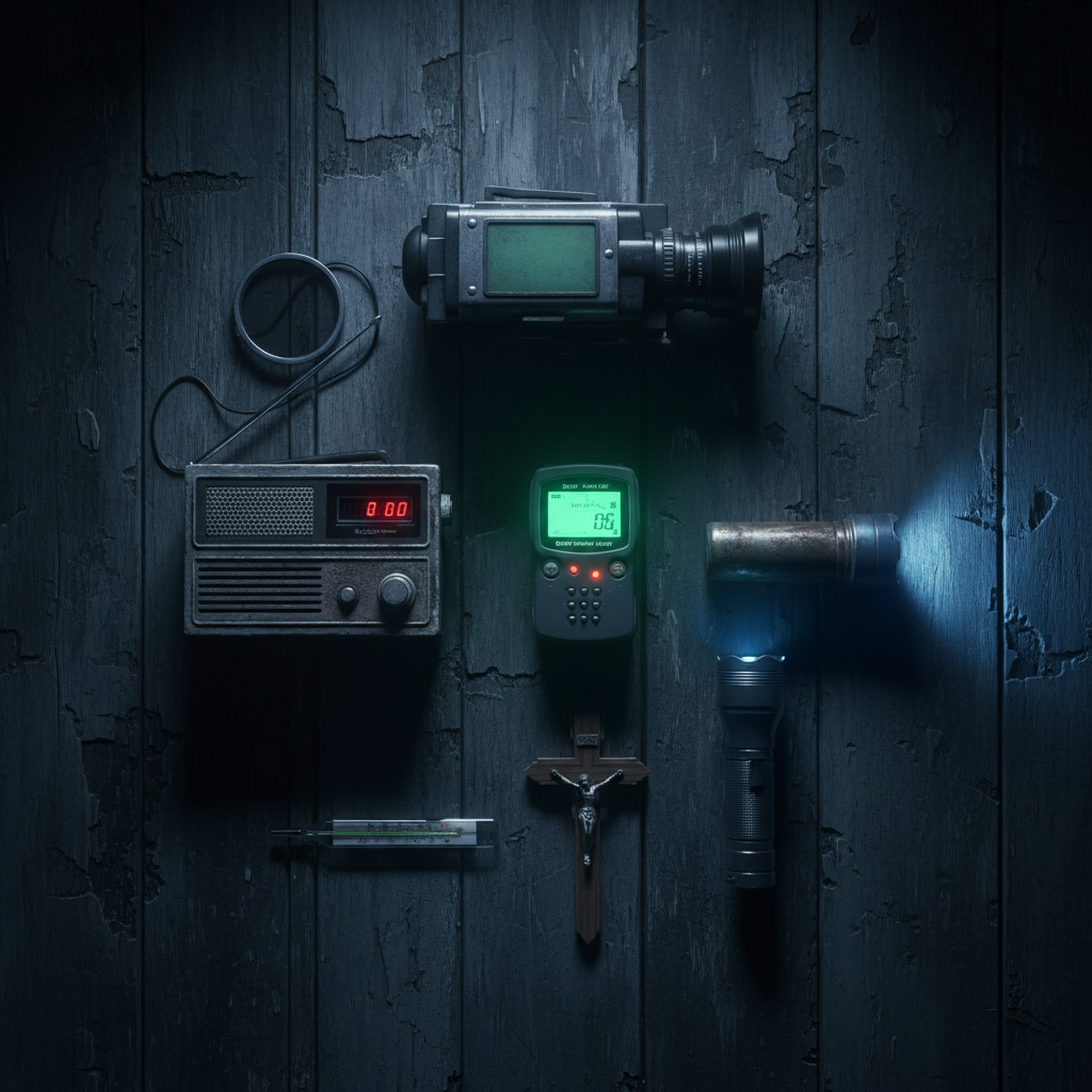 Paranormal investigation equipment laid out on a table