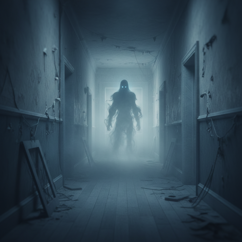 Ghostly figure in a dark corridor
